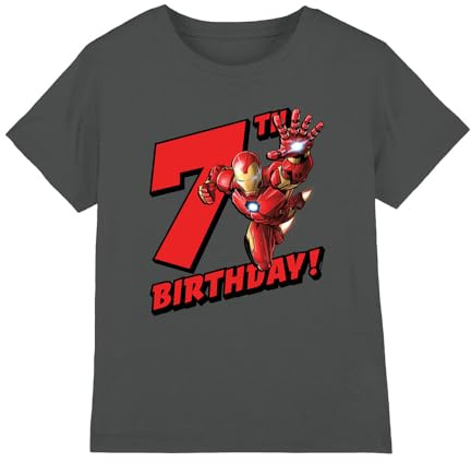 Iron Man Boys Birthday 7 Unisex Kids T-Shirt, Charcoal, 7-8 Years UK