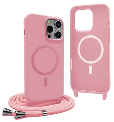 YFSYLL Funda Magnética para iPhone 15 Pro MAX con Cuerda, Compatible con MagSafe,Carcasa Silicona Case,Carga Inalámbrica,con Correa Colgante Ajustable Collar Cordón - Rosa