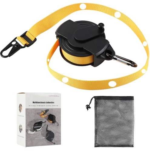 Fyfjur Wäscheleine Camping, 3,6M Tragbare Wäscheleine Ausziehbar mit Aufbewahrungstasche, Mobile 34 Rutschfestes Aufhängeloch Reisewäscheleine für Wohnwagen, Badezimmer, Waschküche, Reisen (Gelb)