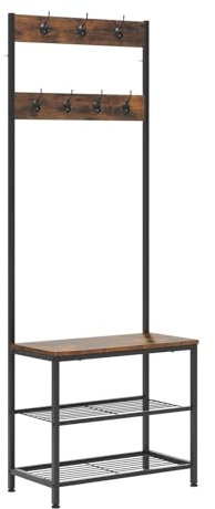 WOLTU Garderobenständer Kleiderständer Wäscheständer Schuhregal mit Sitzfläche, mit 7 Haken, aus Holz und Stahl
