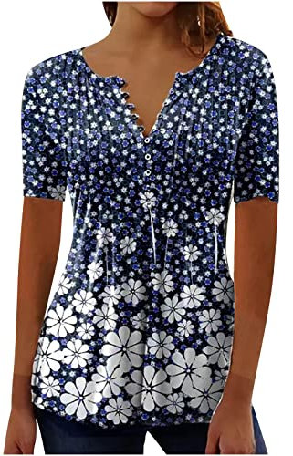 Summer Tops for Women UK Clearance Crew Neck Tops Short Sleeve T-Shirt Pleated Floral Printed Tunic Blouse Shirts Loose Casual Blouse Dressy Tunic Shirt