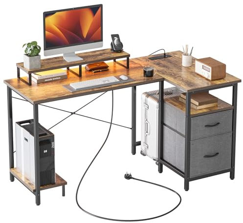 CubiCubi L Shaped Gaming Desk with LED Lights & Power Outlets, 145x80cm Computer Desk with Large Drawers, Reversible Corner Desk with Monitor Stand and PC Stand for Home Office, Study, Rustic Brown