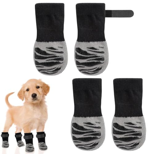KEWUF Anti-Rutsch-Hundesocken, Hunde Pfotenschutz, Antirutschsocken Hund, Hundepfoten Schutz, Hunde Schuhe Outdoor, Mit Verstellbarem Klettverschluss, Geeignet Für Kleine Hunde (4 Stück, Schwarz, S)