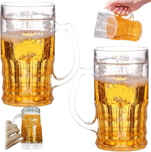 Biergläser Lustig Fake Bierkrug Kreative Gefälschter Bierglas mit Henkel Funny Novelty Bierbecher als Scherz Doppelwandige Kunststoffglas Bier Gläser Getränkekühler Flaschenkühler Partybecher (2PC)