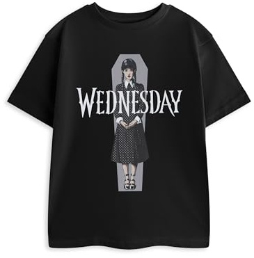 Wednesday Addams Kids Black T-Shirt | Short Sleeve Graphic Tee with Polka Dot Design & Coffin Print | Halloween Casual Wear | Cartoon Character Top for Children Merch