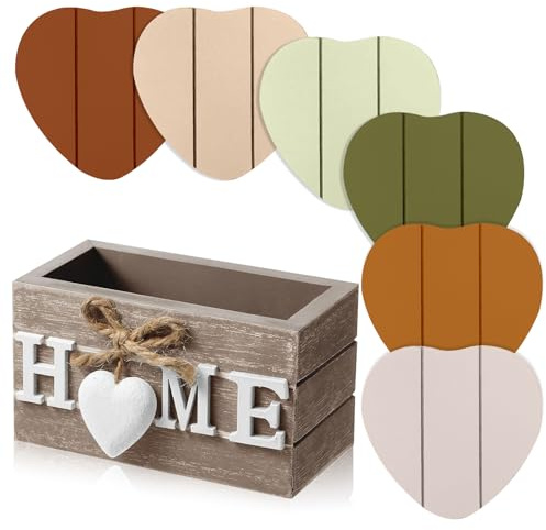 Patelai Wooden Heart Coasters for Drinks Set of 6 Funny Farmhouse Coasters with Holder for Coffee Table Protection Housewarming Gifts for New Home Decoration, 4 Inch (Home,Classic Color)