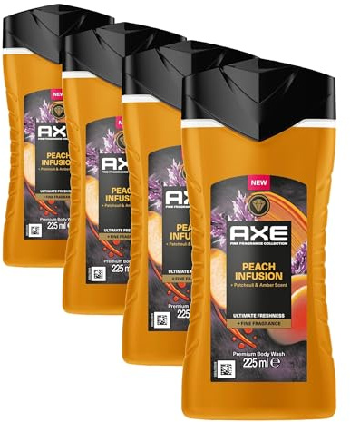 Axe Fine Fragrance Collection DUSCHGEL/FLUESSIGSEIFE Peach Infusion Premium Body Wash für 12 Stunden langanhaltende Frische verleiht einen spektakulären Duft unter der Dusche 225 ml (Packung mit 4)