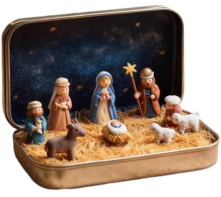 Generisch Mini Weihnachtskrippe Figuren Set in Einer Blechdose, Miniatur Krippen Figuren,Klassischen Design mit Heilige, Hirte und Jesus Figurens, Weihnachten Tisch Dekoration Krippe Zubehör