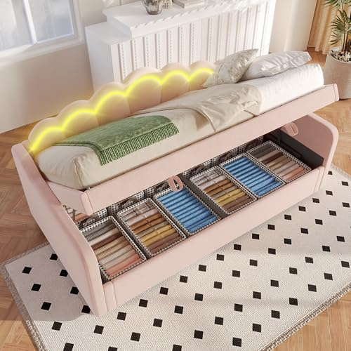 ZIDEY Tagesbett Daybett 90x200 mit LED, Schlafsofa mit Hydraulisch Stauraum, Gästebett Kinderbett Jugendbett Bettgestell mit Lattenrost, Samt, Rosa, ohne Matratze