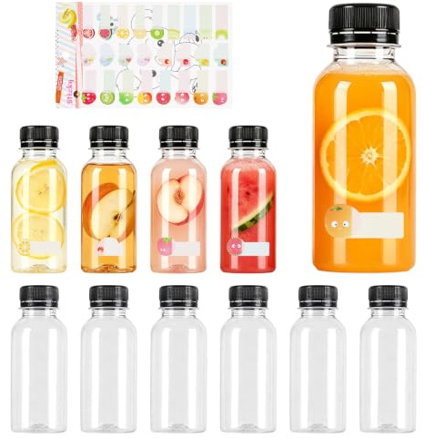 TAIXING Mini Juice Shot Bottles, 150ml/5oz, 10pcs, Small Plastic with Lids | Includes Fruit Labels, Easy to Clean and Reusable, for Holding Ginger Shots, Fruit Juice, Milk