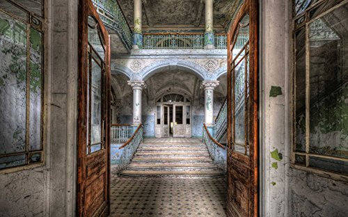 awallo Fototapete Motiv Villa Eingangshalle - Vliesfototapete mit verlassener Villa - 400 x 250 cm - braun beige blau - DD106859