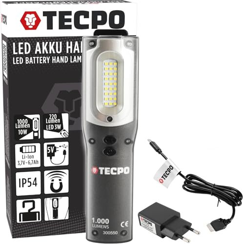 TECPO 300550 AKKU Werkstattlampe 1000 Lumen 27 SMD LED´s 10+3 Watt 6500 Kelvin IP 54 Arbeitslampe Stirnlampe Stablampe magnetisch Lithium-lonen 3.7V 6600 mAh