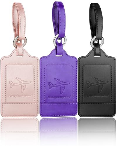 Teskyer Pack of 3 Luggage Tags, PU Leather Luggage Tags for Suitcases, Luggage Labels with Name ID Card, Noticeable, Durable, Travel Accessories, Rose Gold Purple Black