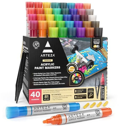 ARTEZA Acrylic Paint Markers Set of 40 Assorted Colors Acrylic Marker Pens Replaceable Tips for Painting Stones, Canvas, Glass, Wood and Plastic
