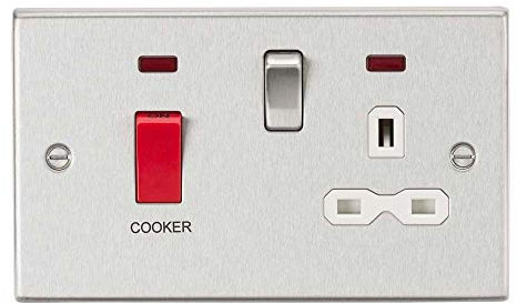 Knightsbridge CS83BCW Herdschalter und Schaltersteckdose mit Neonanzeige, 45 A / 13 A, DP, quadratischer Rand, gebürstetes Chrom mit weißem Einsatz