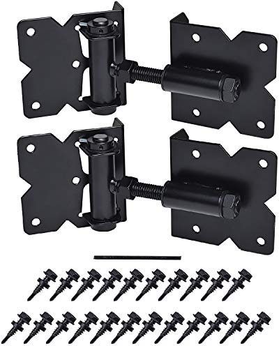 Self Closing Gate Hardware Hinges Heavy Duty for Wooden/Vinyl/PVC Fences,90 Degree Adjustable, with Installation Screws and Swing Adjuster Tool,2 Pack/Set,Black