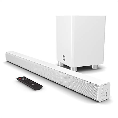 Majority 150W Barra Soundbar | 2.1 Home Theater Wireless | Sound Bar per TV con Suono 3D | Casse TV con Arco HDMI, Bluetooth, RCA e Connessione Ottica | Riproduzione USB e AUX K2 Bianco