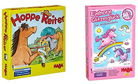 Haba Hoppe Reiter Pferdestarkes Wettlaufspiel, für 2-4 Spieler von 3-12 Jahren, Spielbar in 3 Variantenn & Einhorn Glitzerglück Der Wolkenschatz, Zauberhaftes Würfelspiel mit 60 Glitzerkristallen