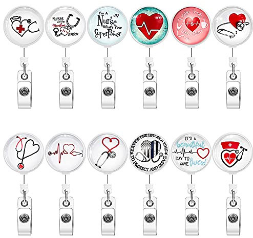 Ohok 12 Stk Schlüssel JoJo Ausziehbar Ausweis JoJo Glas Stethoskop Herz Stil Schlüsselanhänger für Krankenschwester, ID Name Badge Holder mit Gürtelclip für Kartenhalter Ausweishüllen