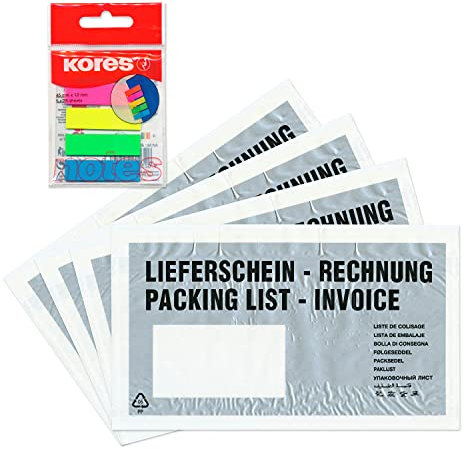 WPTrading - 1.000 x Lieferscheintaschen 225 x 120 mm DIN-LANG Silber Lieferschein/Rechnung inkl. 125 Page-Marker in 5 Farben - Dokumenten-Taschen selbstklebend - Begleitpapiertaschen für Versand