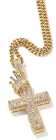 ICEDIAMOND 14K Iced Out Royal Crown Kreuz Anhänger Kette Halskette, vergoldet Bling CZ Diamant Kreuz Charme Hip Hop Modeschmuck für Männer Frauen (Gold,24''Curb)