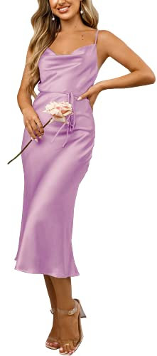 Tsher Vestido de satén sin mangas con tirantes delgados para mujer, vestido de fiesta de invitada de boda, cuello vuelto, espalda descubierta, vestido formal midi, Vestido de satén lila, XS