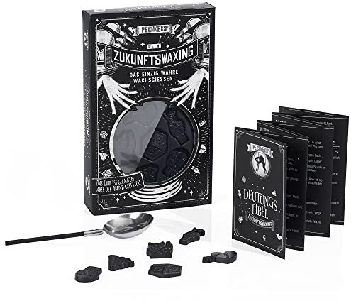 Pechkeks 4401001 Wachsgießen Set für Silvester – 6 Schwarze Wachs Figuren, Schmelzlöffel und Booklet mit Wachsform-Deutungen