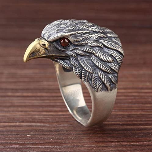 Mode Adlerkopf Dreidimensionaler Intarsierter Red Eye Hipster Punk Vintage Ring für Männer, C-F, Silber, 11