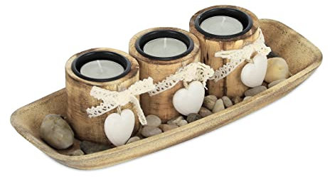Relaxdays Porte-Bougies en lot avec Plateau et Pierres, 3 bougeoirs ornés cœurs et nœuds, décoration Table Salon, Marron