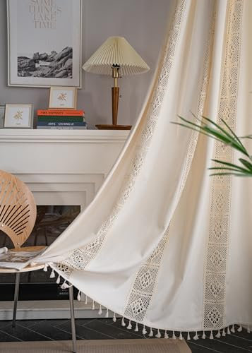 iyoimono Boho Vorhänge Beige Vintage Gardinen Landhausstil Häkeln Stricken Vorhänge,Baumwolle Leinen Quaste Transluzente Verdunklung Gardinen für Küche Wohnzimmer Schlafzimmer,2 Stück,B150×H280cm