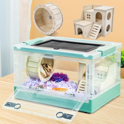 Wedoelsim Tragbare und faltbare Hamsterkäfige mit Rollen und Lebensräumen mit Schloss und Laufrad, leicht zu bewegen, Meerschweinchen, Ratten und andere kleine Tiere (blau)