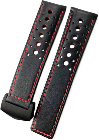 SAAWEE TEYSHA 21/22 mm Kalbsleder-Uhrenarmband passend für TAG Heuer MONACO Carrera AUTAVIA Aquaracer 300 Schwarz Rot F1 Rindsleder Armband (Farbe: Schwarz Rot - Schwarz, Gr??e: 22 mm)