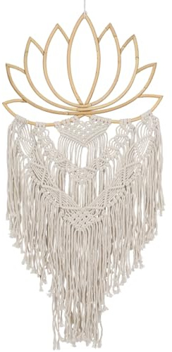 Makramee Wandbehang im Boho Stil, Baumwolle, 70er Jahre Flair, Lotus | Stilvoll geknüpft, für Innen- und geschützten Außenbereich, Holzstange, nostalgisches Design, vielseitig einsetzbar
