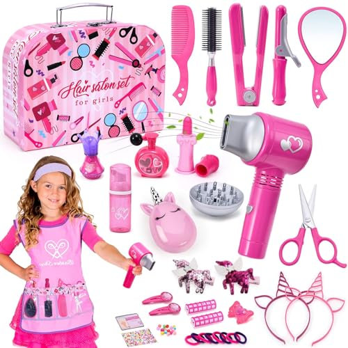 Tacobear Friseur Set Kinder Mädchen Spielzeug mit Haartrockner Lockenstab Kamm Spiegel Schürze und Haarstyling Zubehör Friseurkoffer Schminkset Spielzeug Geschenk für Mädchen ab 3 4 5 6 7 8 Jahre