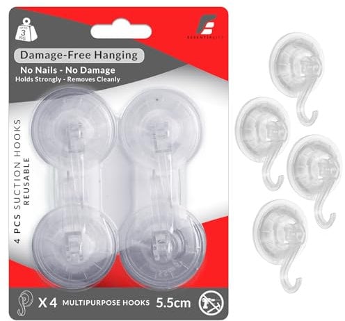 Essentiality 4Pcs Heavy Duty Suction Cup Hooks Multipurpose 5.5cm Plastic Suction Hooks for Bathroom & Kitchen Hanging Utensil Hook Holds Up to 6.6lb, 2kg - Use on Glass, Metal Steel & Tiles