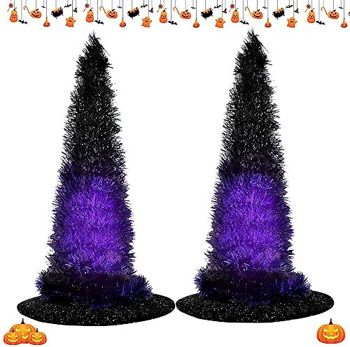 2 Stück Halloween-Hüte, fliegende Geisterhüte, Hexenhut, faltbar, LED, Halloween-Dekoration zum Aufhängen, wasserdicht, für Garten (2 Stück violett)