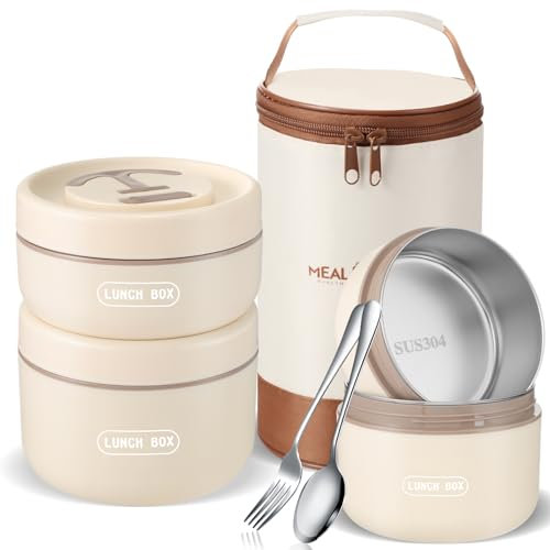 Dandat Tragbares, isoliertes Lunch-Behälter-Set für Erwachsene, stapelbare Edelstahl-Bento-Box für heiße Speisen, mit isolierter Lunchtasche, Unisex, 3 separate Thermo-Lebensmittelbehälter, Beige, 3