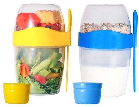 Yukaiwn 870ML Reusable Overnight Oats Container with Lid, 2 Pcs Yogurt Pots with Lids, On The Go Breakfast Cereal Yogurt Cups Containers with Fork Spoon for Salads Fruit Granola Cereal Milk Porridge
