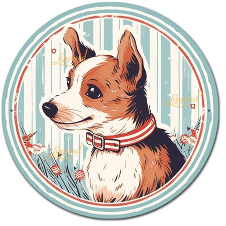 Lygond Metallschild Blechschild Wandkunst Happy Jack Russell Hund auf Vintage Streifen Kreis Garage Schild für Bar 30,5 x 30,5 cm