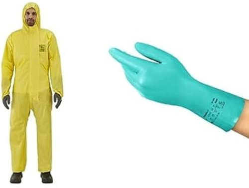 AlphaTec 2300 Model 132, Mono de Trabajo, Protección Quimica Tipo 3/4/5, Traje Integral, Amarillo, Talla M (1 Unidad) + AlphaTec 37-300 Guantes de Nitrilo, Protección Química, Verde,Talla M (12 Pares)