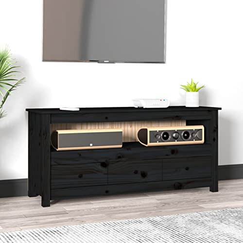 Camerina TV-Schrank Schwarz 114x35x52 cm Massivholz Kiefer HiFi Schrank Fernsehunterschrank Tv Highboard