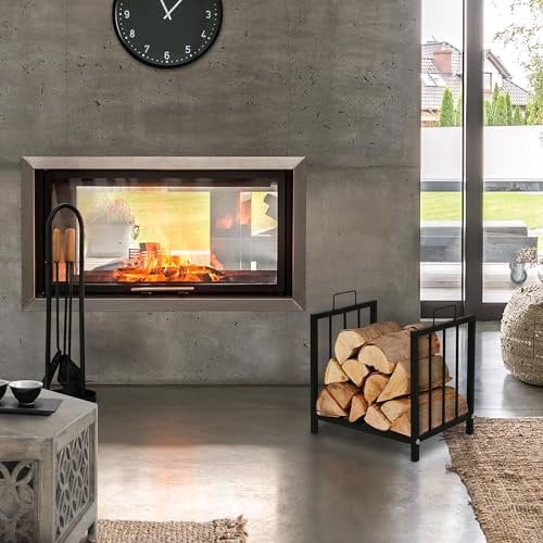 ML-Design Estanteria Metálica para Leña 43 x 46 x 33 cm Soporte Organizador de Madera para Interior o Exterior, Leñero Negro Moderno Junto a Chimenea/Fogata Estructura de Acero para Apilar Troncos