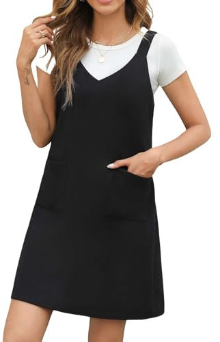 CUPSHE Damen Latzrock V Ausschnitt Taschen Ärmellos Breite Träger A Linie Latzkleid Overallkleid Freizeitkleider Mini Overalls Dress Schwarz M