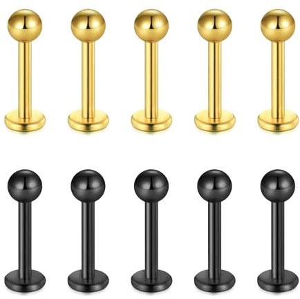 Briana Williams 10er Edelstahl Lippenpiercing Schwarz Gold 8mm Stecker mit Kugel Ohr Tragus Labret Helix Piercing Schmuck