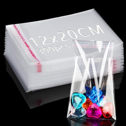 Ziamzra 300 Stück Selbstklebend Plastiktüten 12x20cm OPP Tütchen Transparent Cellophantüten Flachbeutel Zellophantüten Klein Weihnachten Tüten für Keksen Süßigkeiten Nüssen Schokolade Schmuck Ohrringe