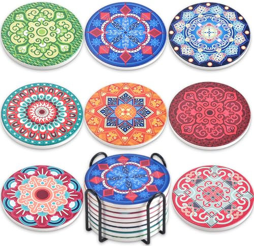 Newk Lot de 8 dessous de verre absorbants en céramique avec support en métal, motifs mandala colorés pour table basse, excellent cadeau de pendaison de crémaillère
