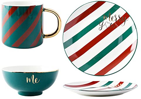 OrLtL Weihnachtsgeschirr-Set, 3-teiliges Porzellan-Geschirr-Set, Geschirr-Set für 1, Weihnachtsgeschirr mit Salattellern, Tassen und Schüsseln (rot)