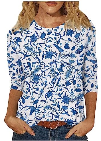 Generic Women's T-Shirts Ladies 3/4 Length Sleeve Tops Casual Summer Round Neck Shirts Print Loose Fit Three Quarter Length Sleeve Blouses 01-Blue S