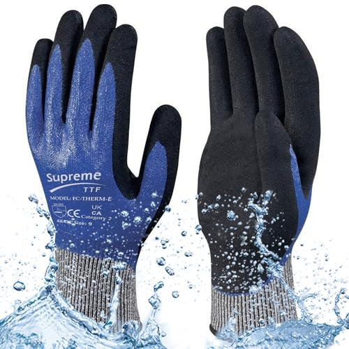 TOKHA SAFETY Waterproof Fully Latex Coated Cut Protection Level 5 Work Gloves for Men, Construction, Gardening, Cold Weather, Winter, Touchscreen, Super Grip, Car Washing, Freezer Gloves (XL, Blue)