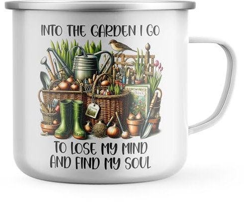 Purple Print House Into The Garden I Go Mens Enamel Mug Gardening Tea Coffee Metal Cup Gardener